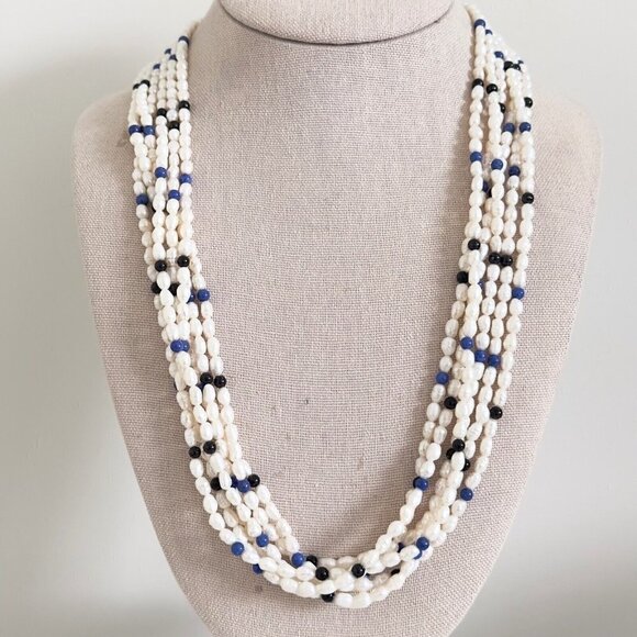 Vintage 14k Yellow Gold Pearl 6 Row Multi Strand Onyx Lapis Statement Necklace - Picture 2 of 14